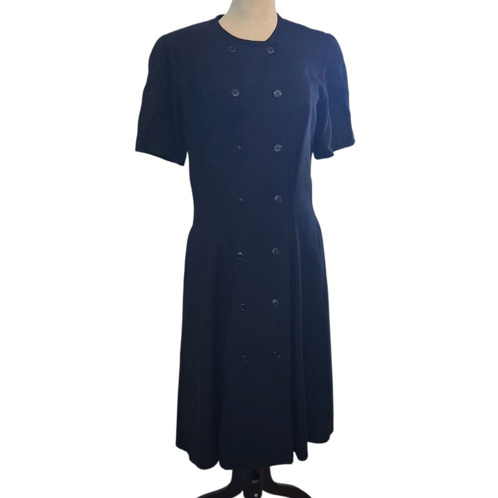 VTG 80s Liz Claibourne Black Double Breastd Black Midi Shirt Dress Pocket Office